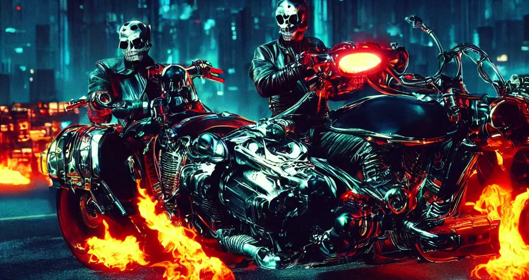 Prompt: movie still from the ghost rider cyberpunk movie directed by the Wachowskis, cinematic lighting, hyper realism, filmic, dark saturated colors, vapor wave, terrifying masterpiece, maximalist, full body portrait, black background, horror, by Giger, by Alexander McQueen