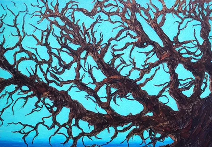 Image similar to detailed oil painting of a a shattered tree in the bottom of the ocean, ralph goings, some edges lost, high contrast