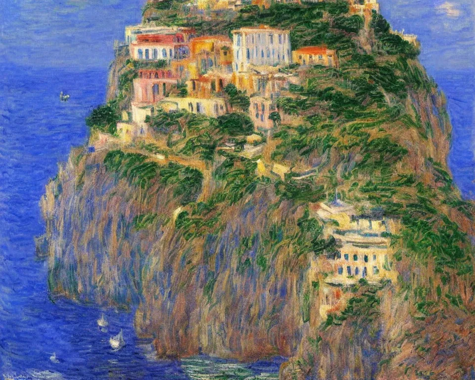 Image similar to enchanting cliff side Italian village on the amalfi coast by Monet and Hopper.