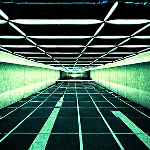 Prompt: noisy photograph of a large liminal underground garden, sky made of ceiling panels, retrofuturism, brutalism, staggered terraces, hidden area, unknown space, minimalist, cinematic, soft vintage glow, unreal engine