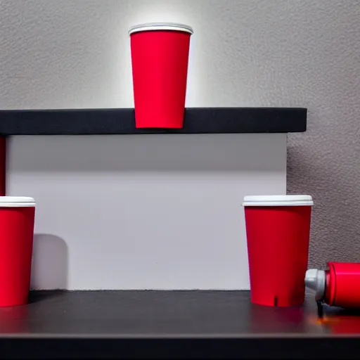 Prompt: an ultra high definition professional studio quality photograph of a red cup on a white plinth in an empty white room, a mobile phone is on top of plinth in the centre of the photograph. three point light.