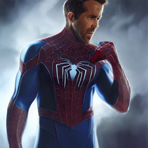 Image similar to ryan reynolds as a black and blue suit spider - man, cinematic, volumetric lighting, f 8 aperture, cinematic eastman 5 3 8 4 film, photorealistic by greg rutkowski, by stanley artgerm, by alphonse mucha