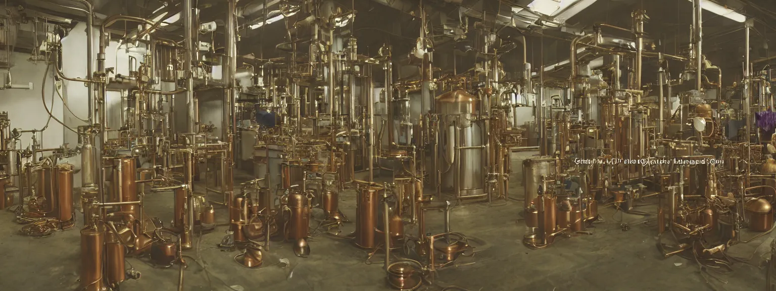 Image similar to oily apparatus for making snake oil, huge copper machine with purple and green snakelike pipework, barrels of snake oil in a disorganized factory in taiwan in 1 9 9 2 production line, golden hour lighting, film still from the uncle aloysius family medicine depot movie 3 d, 8 k, cinematic lighting