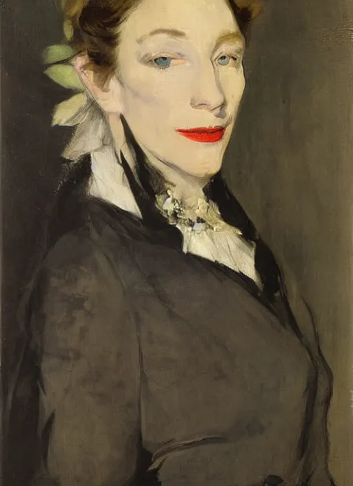 Image similar to An antique oil painting of cate blanchett by Manet, super detailed, hd