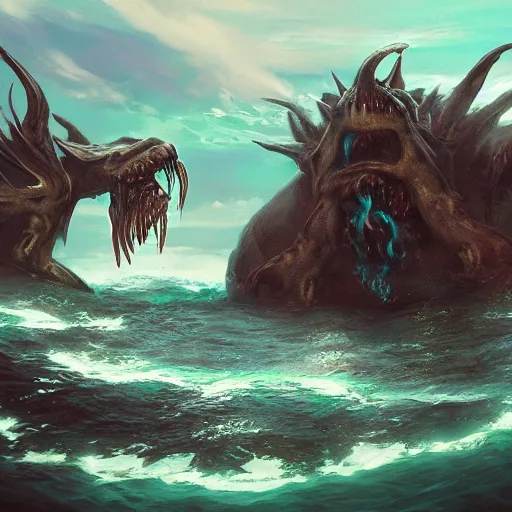 Prompt: water demons take over an island, artstation