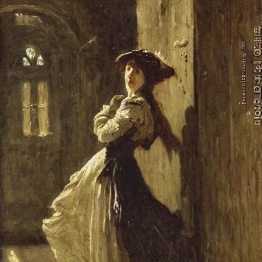 Prompt: young victorian woman escaping a dungeon, by alfred stevens