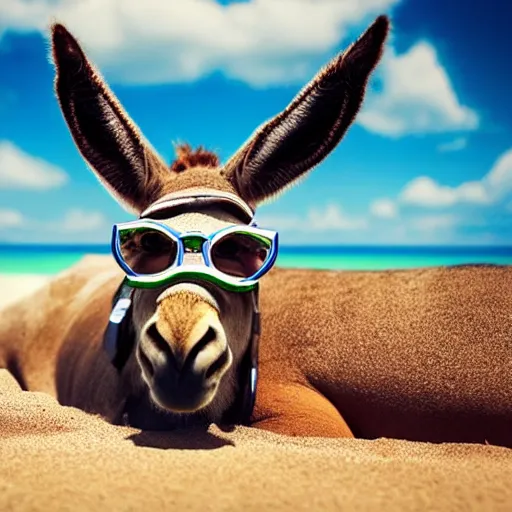 Prompt: A Donkey wearing cool glasses lying on a sunbed at the beach, 8k, highly detailed, cinematic