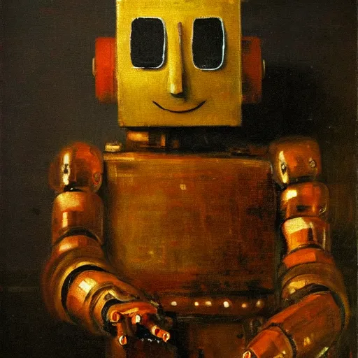 Prompt: robot in suit, painting by Rembrandt