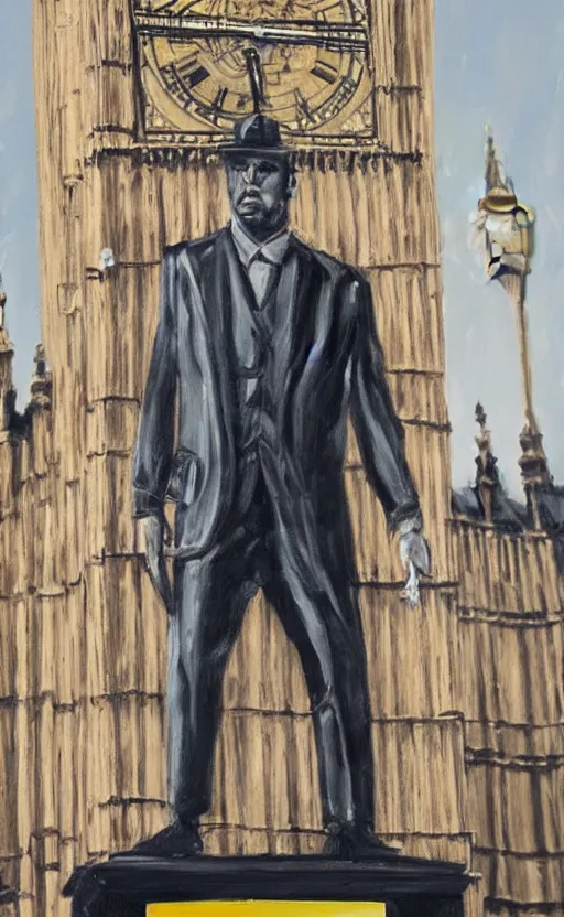 Prompt: detailed photorealistic painting of a man with a miniature big ben between his legs