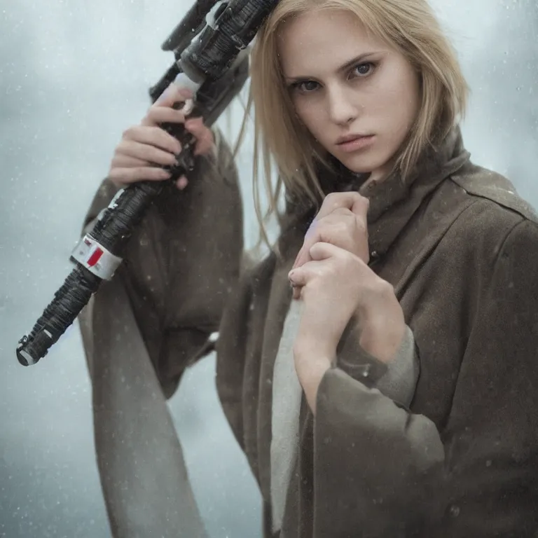 Image similar to cute model annie leonhart holding a lightsaber, beautiful face, detailed face, realistic eyes, pale skin, rule of thirds, cinematic lighting, rainy weather, melancholy atmosphere, volumetric light, realistic reflections, sharp focus, backlit, model agency, instagram photo, shot on sony a 7 iii, beauty filter, postprocessing