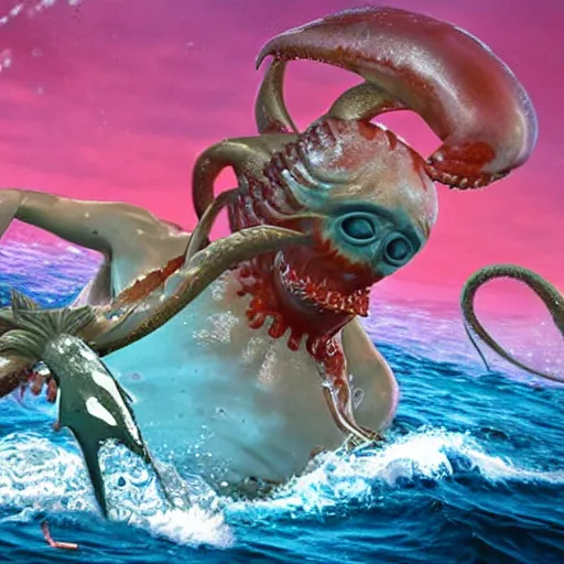 Prompt: photograph of joe biden wearing a bikini and battling a giant squid in the deep sea, realistic, 4 k,