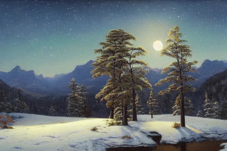 Prompt: mountains, trees, beautiful nature, winter, night, stars, moon, snow, very detailed, focused, oil painting, colorful, canvas, artstation, Sydney Mortimer Laurence, Albert Bierstadt