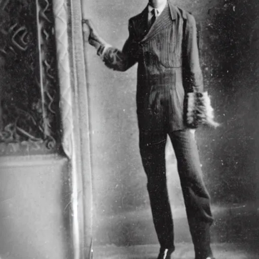 Image similar to Photograph of a young anorexic 1930s outcast man with very long hair and extravagant clothes