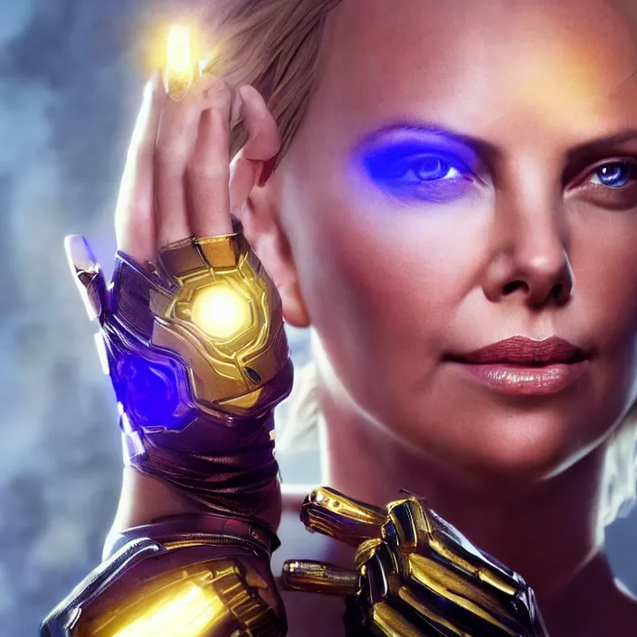 Prompt: portrait of ((Charlize Theron)), wearing The Infinity GAUNTLET. infinity gauntlet. intricate artwork. octane render, trending on artstation, very coherent symmetrical artwork. avengers. thanos. infinity war. cinematic, hyper realism, high detail, octane render, 8k, iridescent accents