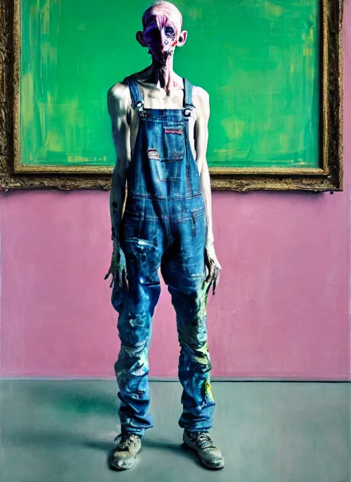 Prompt: an insane, skinny, artist wearing dirty, torn overalls, expressive painting the walls inside a grand messy studio, depth of field, hauntingly surreal, highly detailed painting by francis bacon, edward hopper, adrian ghenie, glenn brown, soft light 4 k in pink, green and blue colour palette, cinematic composition, masterpiece