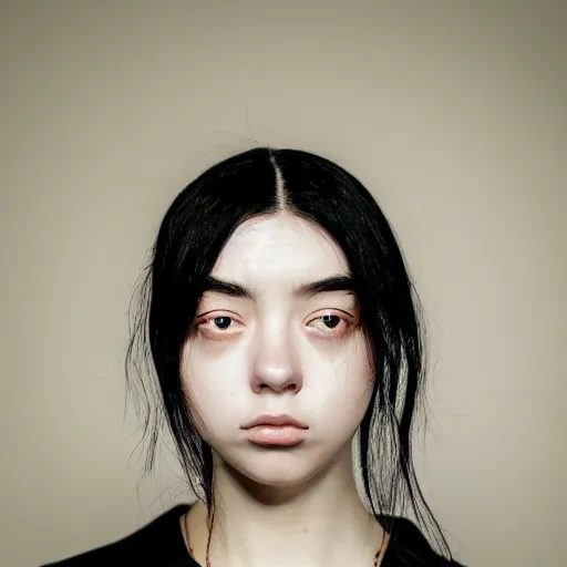 Prompt: a masterpiece portrait photo of a beautiful young woman who looks like a korean billie eilish, symmetrical face