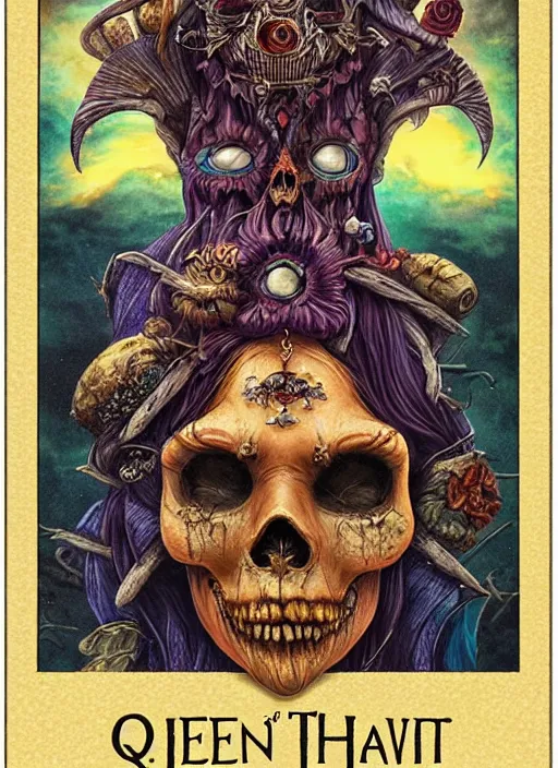 Image similar to queen of heats the fool tarot card, highly detailed, half skull face, cinematic, 8 k, bymegan duncanson, benjamin lacombe, naoto hattori, adrian borda, giger, trending on deviantart, hyper detailed, horror, full of colour