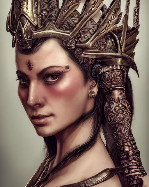 Prompt: photorealistic head and shoulders photo of beautiful female ornate fantasy greek spartan warrior goddess, confident, ((tattoos)), Neil Blevins, James Paick, Natasha Tan Maciej Kuciara, Frank frazetta, arney freytag, Ritu Kumar, Sabyasachi Mukherjee, Annie Leibowitz, Magic the gathering,octane, bokeh, 8k, fashion pose, cinematic, 28mm