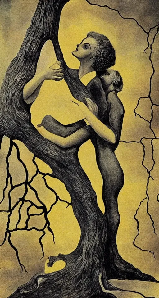 Image similar to Marie Curie hugging a tree by Salvador Dalí