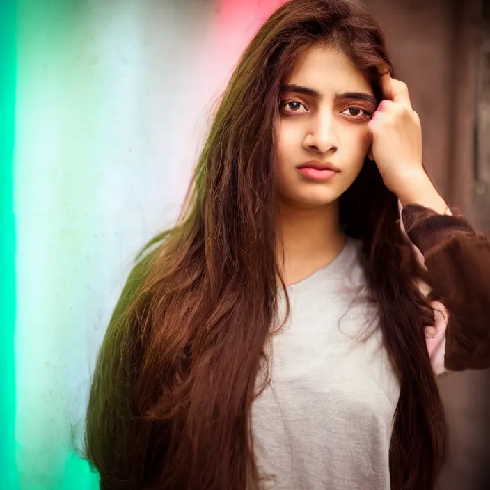 Prompt: portrait photograph of an extremely beautiful!!!! young pakistani female, Distant look on her face, natural light, wearing a t-shirt and jeans!! Brown hair. Blue eyes. Standing on a Japanese neon lit street. looking at the camera!!. super resolution. Extremely detailed. Graflex camera!, bokeh!!!!! trending on artstation.