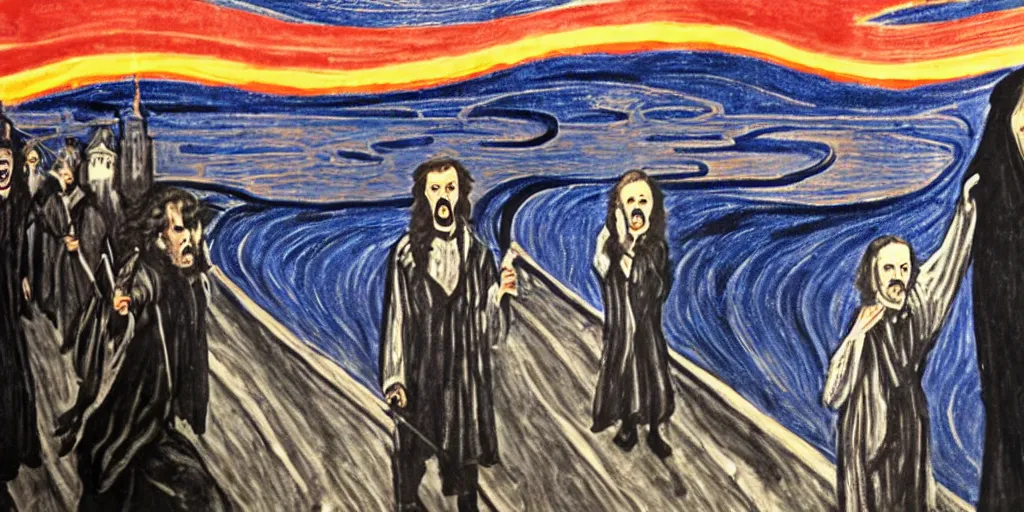 Image similar to john snow in the the scream painting realistic view