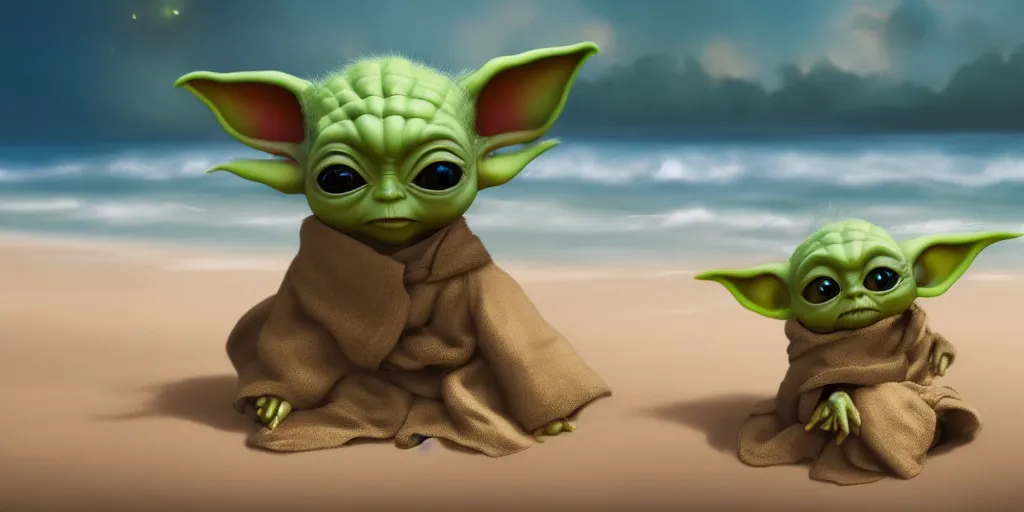 Image similar to Baby Yoda chillin on a beach, waves coming up onto the shore, palm trees swaying in the wind, hyperdetailed, artstation, cgsociety, 8k