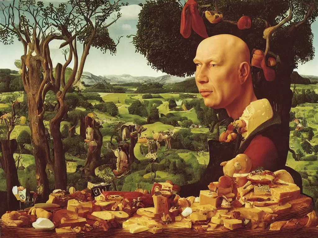 Prompt: Portrait of a hungry man in the land of lakes made from honey, rivers of milk, meadows of butter, rocks of bread, mountains of cheese, onion trees. Painting by Jan van Eyck, Georges de la Tour, Walton Ford, Rene Magritte, Jean Delville, Max Ernst, Maria Sybilla Merian