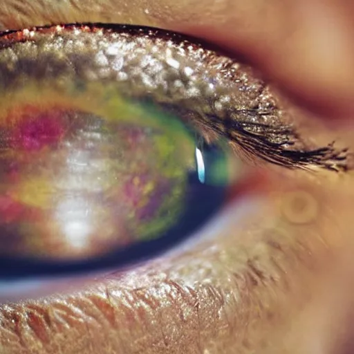 Prompt: a extremely detailed close up picture of an eye, it is made of gold powder, beautiful, colorful, macro photography