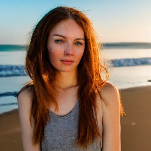 Prompt: Cute young woman, long shiny bronze brown hair, green eyes, cute freckles, soft smile, golden hour, beach setting, medium shot, mid-shot