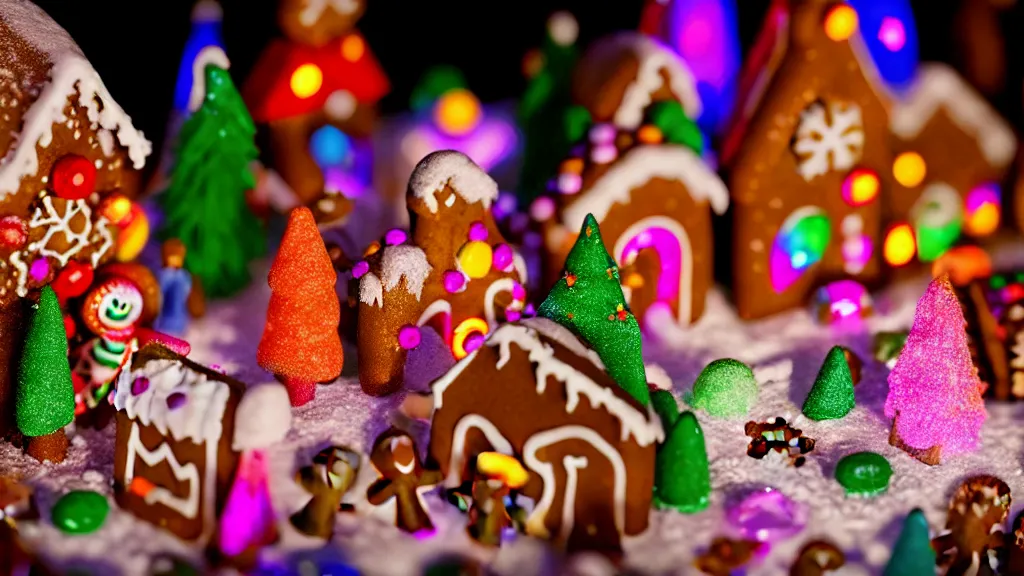 Image similar to closeup of colorful miniature gingerbread candy village at night, fantasy, fairytale, forest, halloween, snow, bokeh, depth of field 1 0 0 mm, cinematic scene, studio quality, visually stunning, unreal engine, octane render, trending on artstation, artgerm, cgsociety