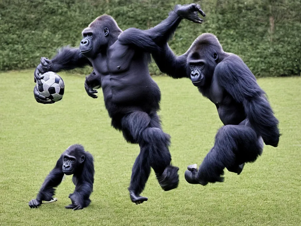 Prompt: a gorilla kicking a ball towards the rival goal, vivid