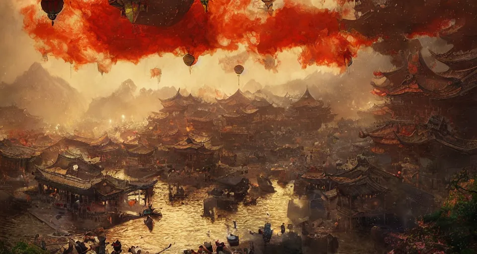 Image similar to craig mullins and ghibli digital art of zhongyuan festival in china ， lanterns ， gohst door with fire in the sky, black night sky, stars, below is the crowd, rivers, villages ， unreal engine, hyper realism, realistic shading, cinematic composition, realistic render, octane render, detailed textures, photorealistic, wide shot
