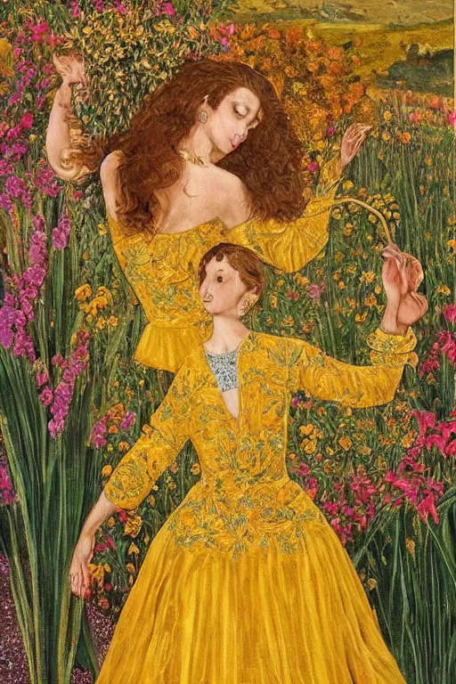 Prompt: girl waer detailed golden arabesque dress with a lot of narcissus in persian pot, painting by alberto mielgo