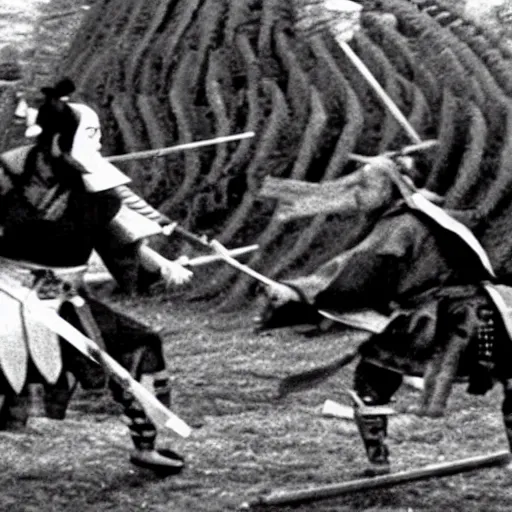 Prompt: a samurai fighting with delicious hot dogs, scene from Kagemusha, 1980, movie still, cinematic, epic,