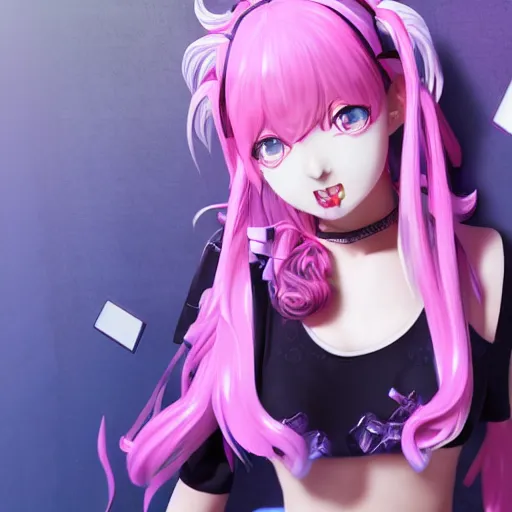 Image similar to trapped beneath stunningly absurdly beautiful omnipotent asi goddess junko enoshima with multiple mesmerizing yandere megalomaniacal personalities, symmetrical perfect face, porcelain skin, pink twintail hair and cyan eyes, ultra detailed, digital art, unreal engine 5, octane render, 2 d anime, 8 k