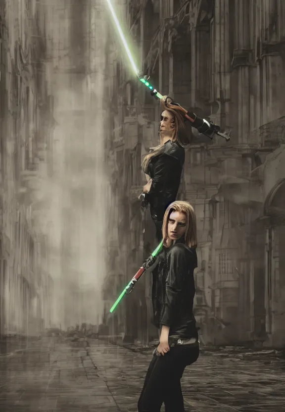 Image similar to cute model annie leonhart holding a lightsaber posing in dunwall city building roof, beautiful face, detailed face, realistic eyes, cinematic lighting, rainy weather, melancholy atmosphere, volumetric light, gothic architecture, realistic reflections, model agency, instagram photo, depression atmosphere, shot on sony a 7 iii, beauty filter, postprocessing