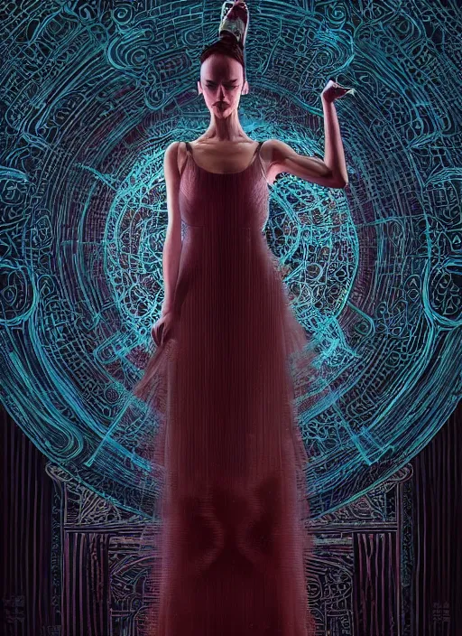 Prompt: portrait of a ballerina in a long flowing gown. intricate abstract. intricate artwork. by tooth wu, wlop, beeple, dan mumford. trending on artstation, greg rutkowski very coherent symmetrical artwork. cinematic, hyper realism, high detail, octane render, 8 k, iridescent accents