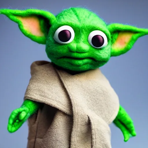 Image similar to baby yoda as a muppet. highly detailed felt. hyper real photo. 4 k.