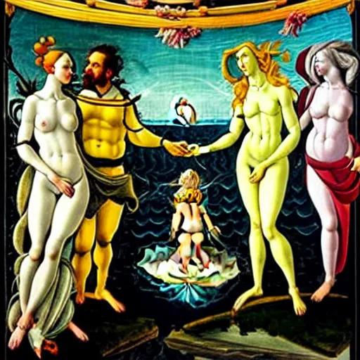 Prompt: Minions with Jordan Peterson in The Birth of Venus by Botticelli