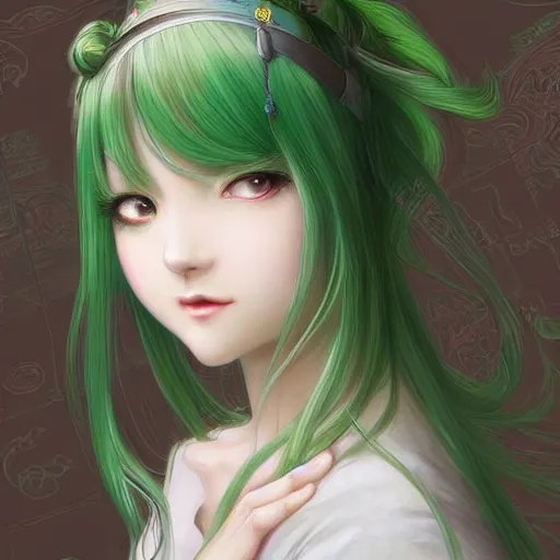 Prompt: adult girl with long light green hair, light green eyes, a small pigtail on the left side, chinese dress, chinese style, anime style, hyper detailed, light green dress, illustration, digital painting, art by artgerm and greg rutkowski and alphonse mucha, high delicate defined details, anime stylized, highly detailed, realistic, sharp focus