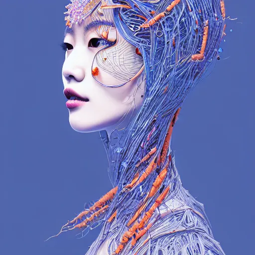 Image similar to the head of an incredibly beautiful and elegant korean woman partially made of carrots and blueberries looking up, an ultrafine detailed illustration by james jean, final fantasy, intricate linework, bright colors, behance contest winner, vanitas, angular, altermodern, unreal engine 5 highly rendered, global illumination, radiant light, detailed and intricate environment