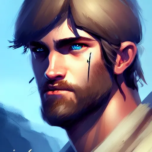 Prompt: a rugged young knight with blonde hair and blue eyes and a short beard and a scar under his left eye by Greg_Rutkowski, realistic, detailed, masterpiece, ArtStation