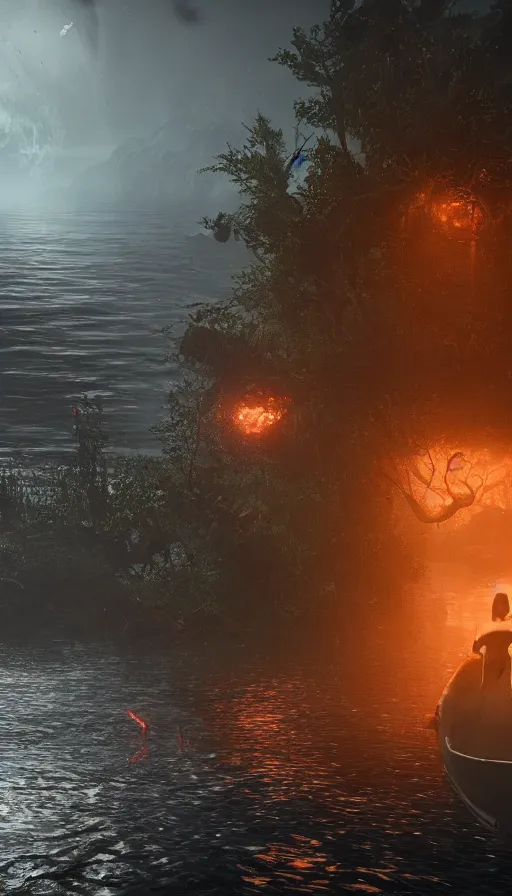 Image similar to man on boat crossing a body of water in hell with creatures in the water, sea of souls, with cryengine