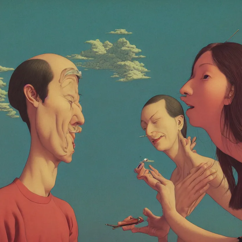 Image similar to close up portrait of a man and woman having fun with lsd and magic mushrooms by kawase hasui, moebius, Edward Hopper and James Gilleard, Zdzislaw Beksinski, Steven Outram, 8k, volumetric lighting, artstation