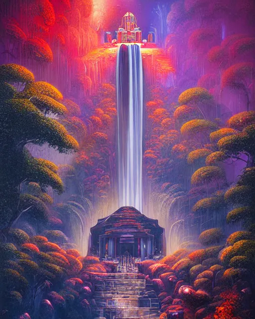 Prompt: ancient alien waterfall temple, chris mars, alena aenami, dan mumford