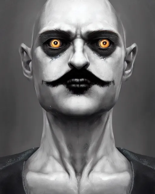 Image similar to centered detailed portrait of a sad clown identical eyes, fantasy, illustration, slender symmetrical face and body, artstation, cinematic lighting, hyperdetailed, cgsociety, 8 k, high resolution, charlie bowater, tom bagshaw, single face, insanely detailed and intricate, octane render, dark fractal background, vfx, postprocessing, featured on artstation, well - rendered