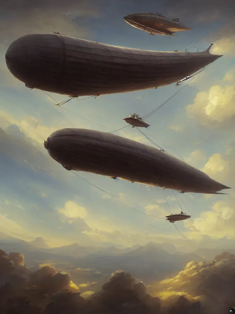 Image similar to a painting of a airship flying in the sky, a detailed matte painting by mandy jurgens, extremely detailed, featured on cgsociety, fantasy art, 2 d game art, matte painting, cryengine