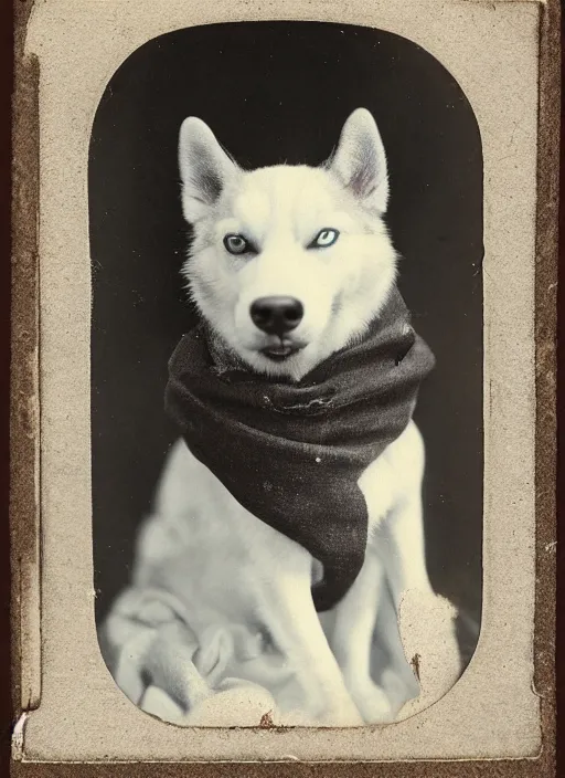 Image similar to late 1 8 0 0 s daugerrotype photograph of a happy husky dog wearing a scarf