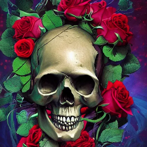 Prompt: A skull among roses, intricate digital sci-fi painting, artstation, concept art, smooth, sharp focus, illustration, deep vibrant colors, 3d rim light, hyperrealistic, photorealistic, Kodakchrome