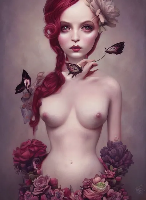 Prompt: pop surrealism, lowbrow art, realistic cute seductive feminine girl painting, romantic gown, hyper realism, muted colours, rococo, natalie shau, loreta lux, tom bagshaw, mark ryden, trevor brown style,